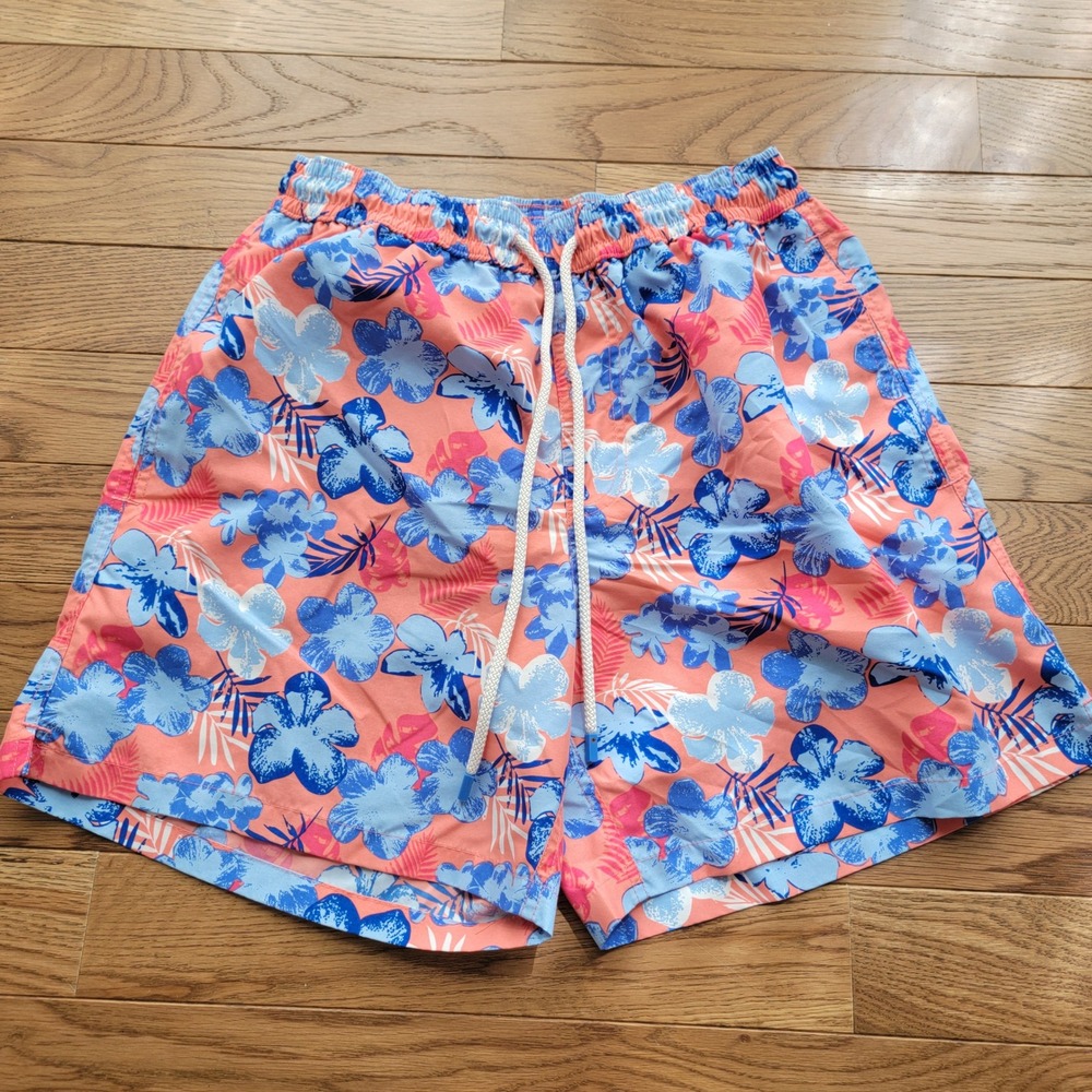 Southern Tide Skipjack Men Swim Trunks Medium Pink Blue Floral Hibiscus 6 Inseam